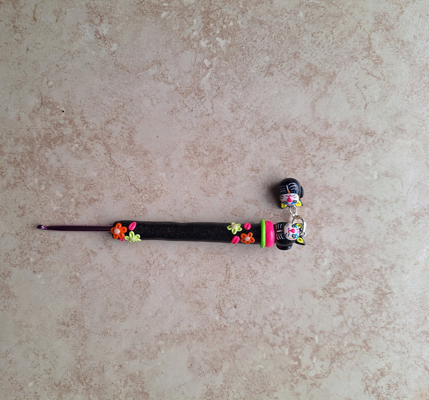 Polymer clay sugar skull kitty cat day of the dead crochet hook