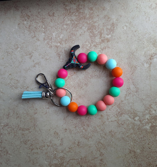 Silicone beaded wristlet keychain / colorful Aztec skull silicone beaded wristlet keychain / teal pink western bag accessory key chain gift