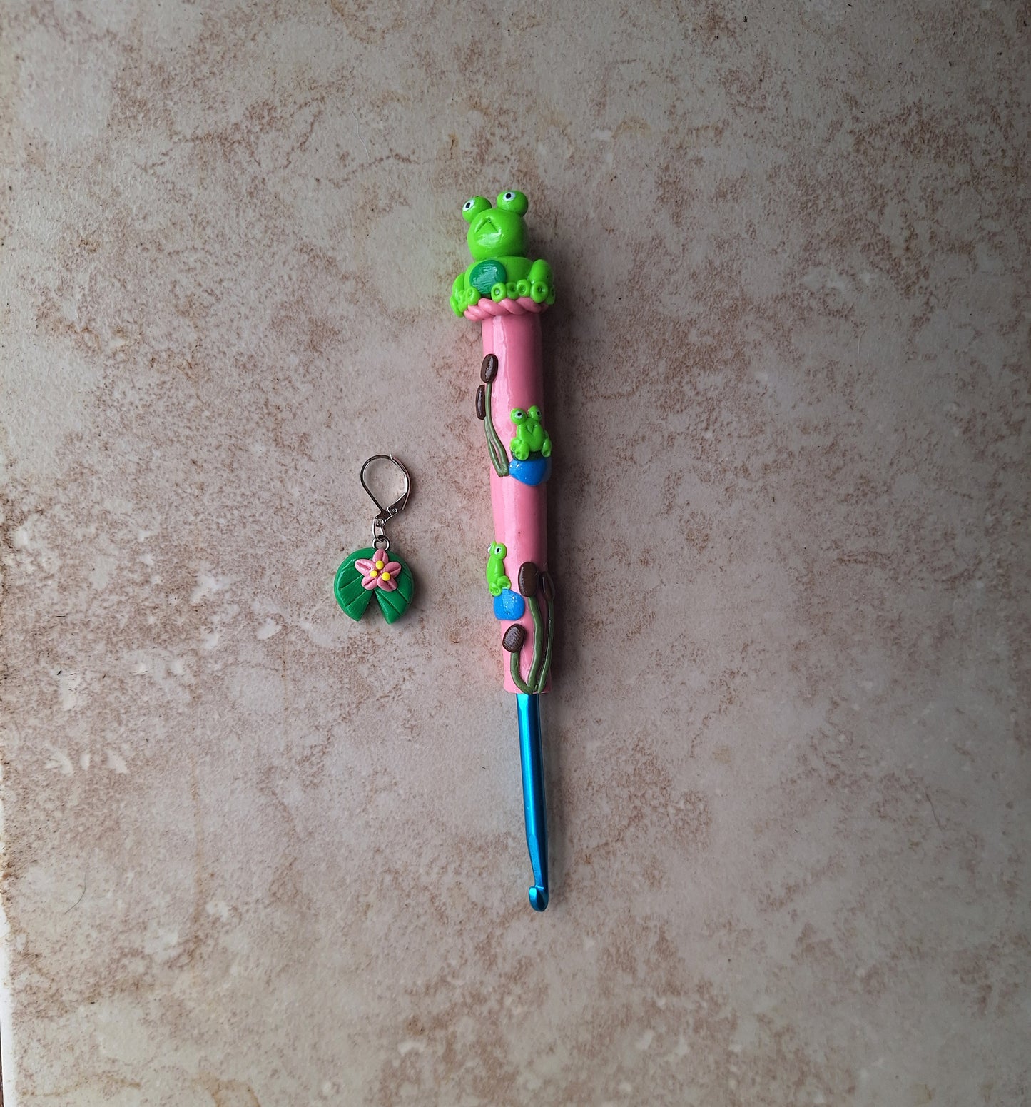 Polymer clay frog pond crochet hook with stitch marker