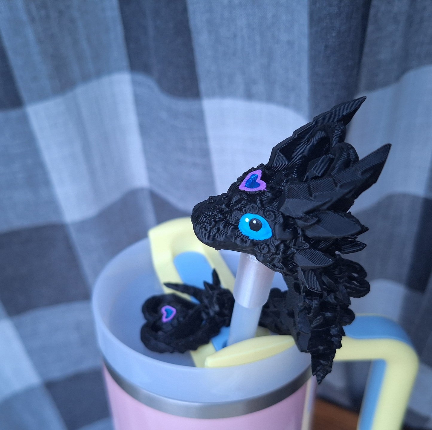 3D articulated black blue dark heart dragon straw cap / 3d printed dragon animals / darkheart dragon straw topper cover Fidget figurines