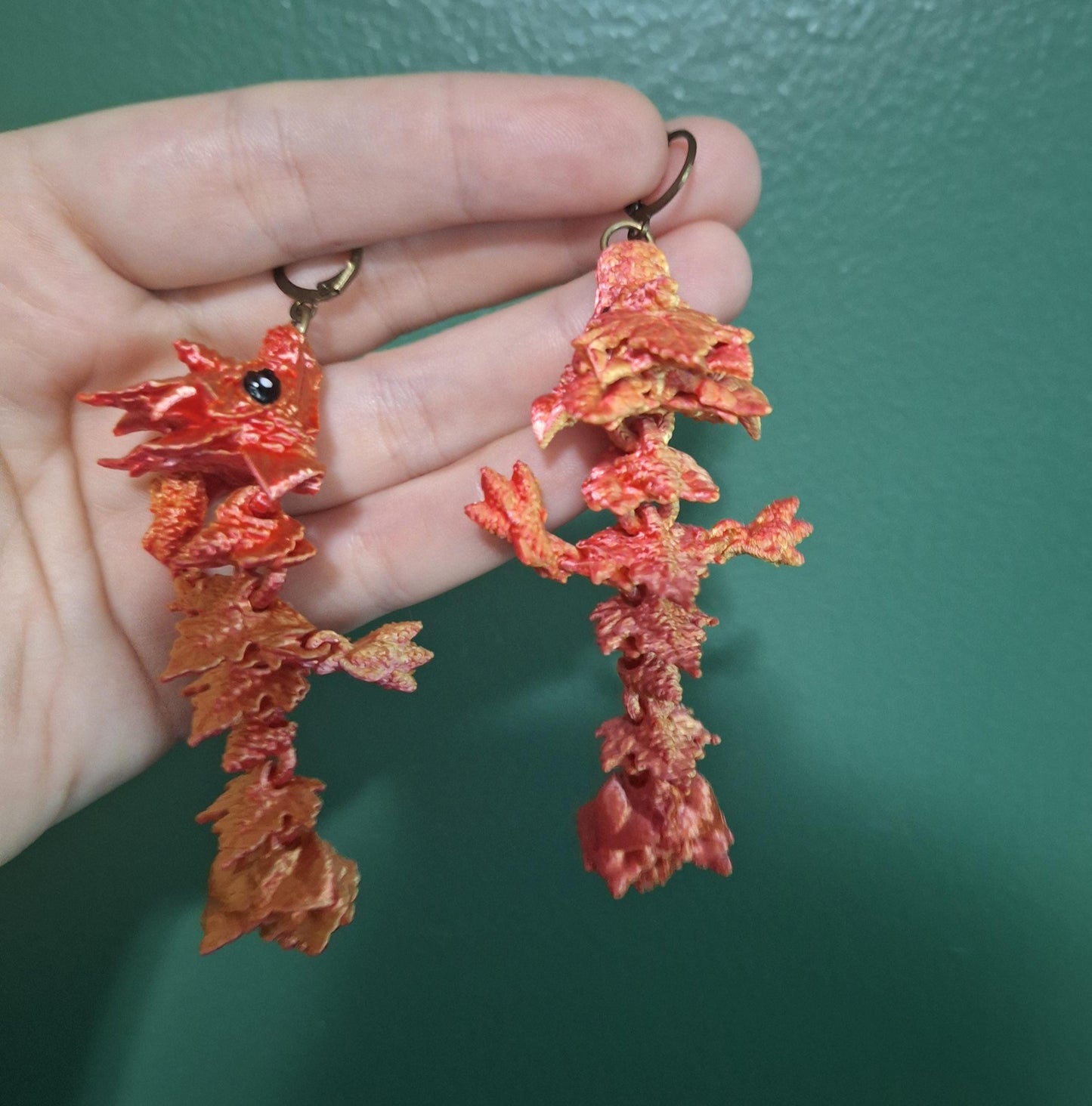 3D articulated red orange autumn tadling dragon earrings / 3d printed earrings / dragon earrings / articulated 3d fall leaf dragon jewelry