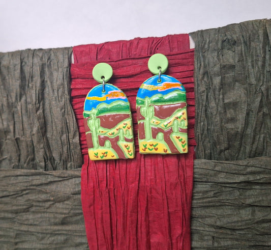 Kawaii scenery vacation spot earrings / polymer clay Saguaro landscape dangle earrings / clay national park jewelry trees earrings