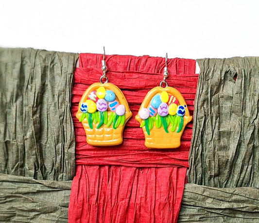 Kawaii clay easter egg basket earrings / polymer clay spring summer dangle stud earrings / clay easter earrings jewelry easter grass