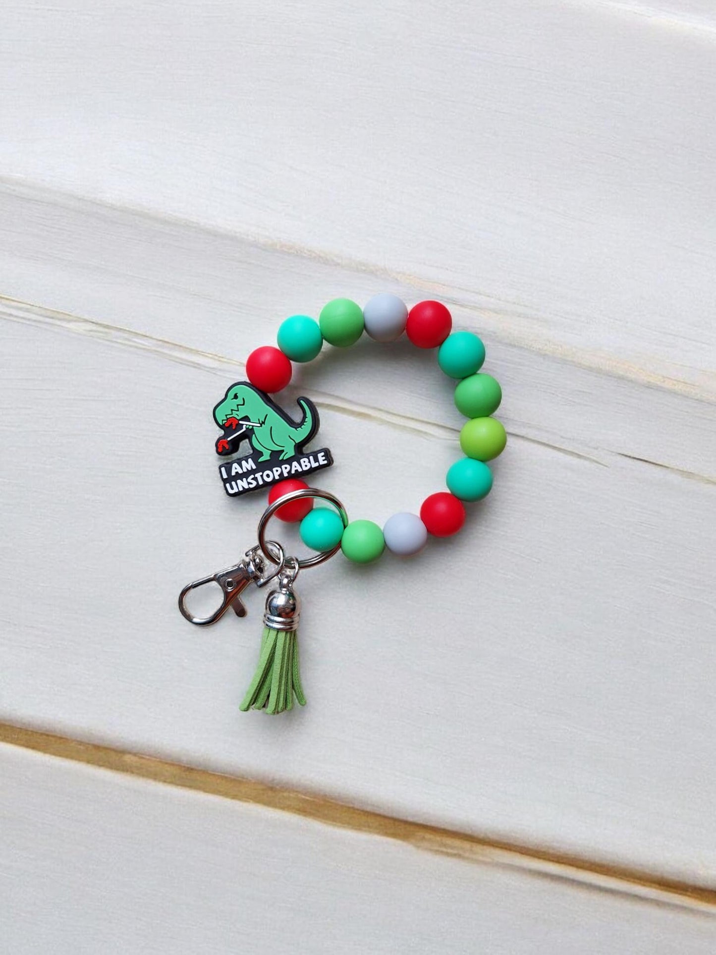 Silicone beaded wristlet keychain I'm unstoppable t-rex / dino dinosaur silicone beaded wristlet keychain / bag accessories key chain gift