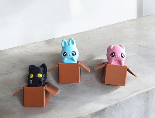 3D printed baby cat pig bunny in box Fidget clicker / 3d printed animal figurine knick knack Fidget clicker cute spring decor