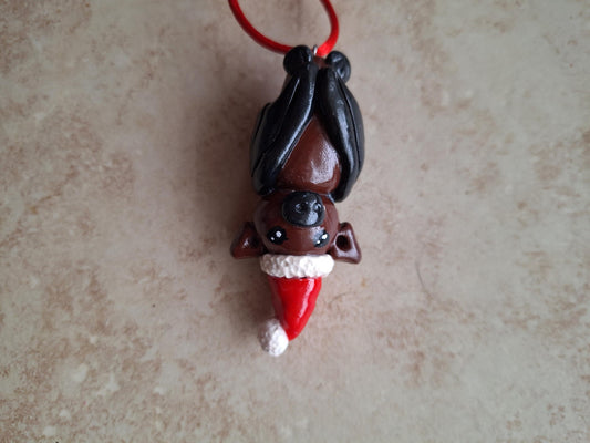 Christmas clay cute bat ornament / kawaii upside down bat ornament / polymer clay black brown santa bat christmas ornament