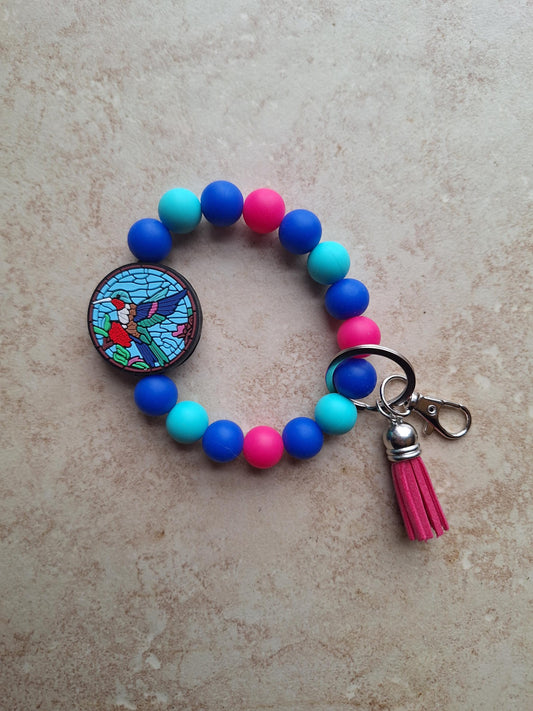 Silicone beaded wristlet keychain / pink teal hummingbird silicone beaded wristlet keychain / humming bird bag accessories key chain