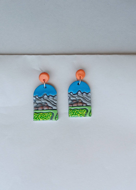 Kawaii landscape skyline earrings / polymer clay Grand Teton dangle earrings / clay grand teton jewelry / landscape trees earrings