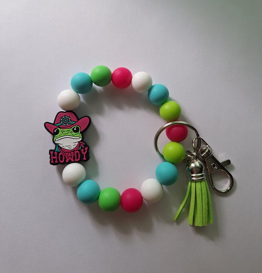 Silicone beaded frog wristlet / colorful howdy cowboy frog silicone beaded wristlet keychain / country western bag accessories key chain