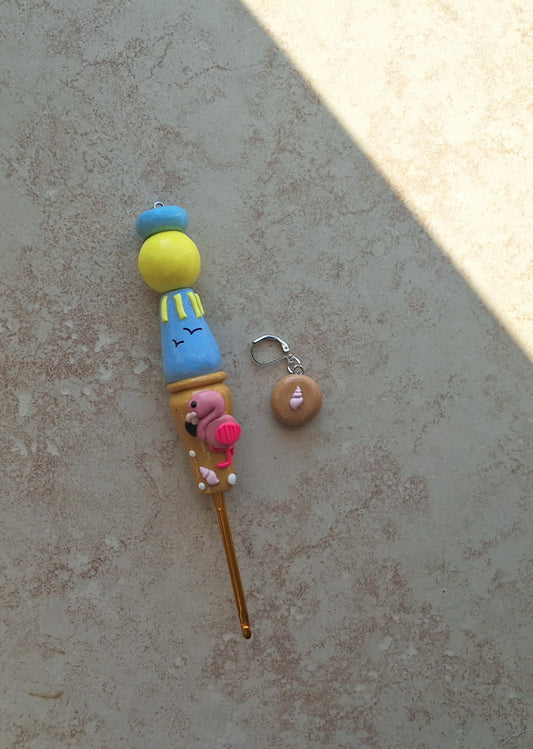 Polymer clay Beach scene flamingo crochet hook with stitch marker