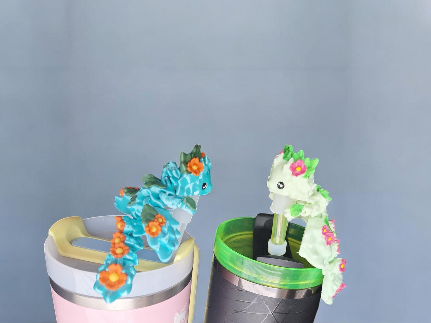 3D articulated floral axolotl dragon kosha / dragon straw cap / axolotl straw topper cover / 3d printed tumbler accessories