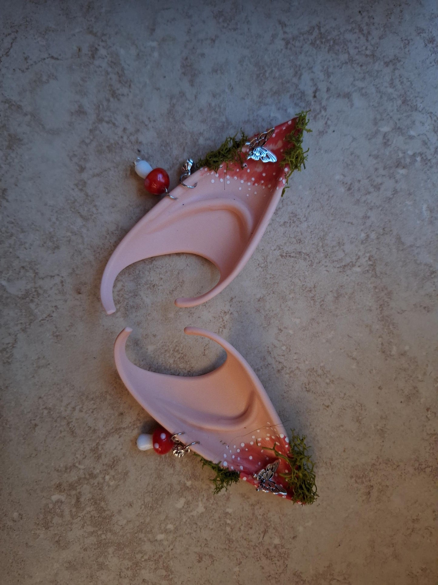 red orange toadstool rubber fairy pixie elf ears / halloween costume accessory cosplay elf ears / painted elf ears with earrings