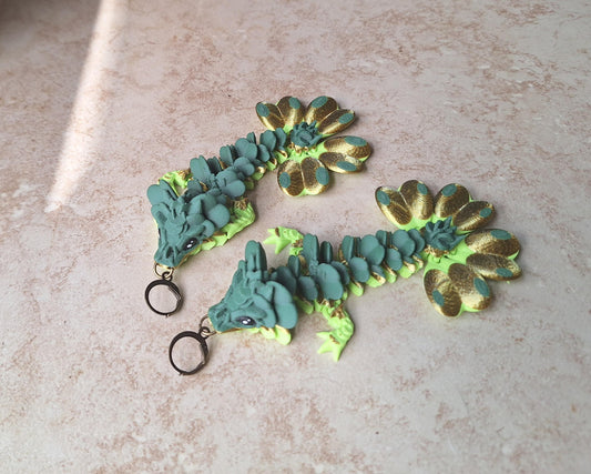 3D articulated green gold lucky clover dragon earrings / 3d printed earrings / dragon earrings / articulated 3d dragon jewelry