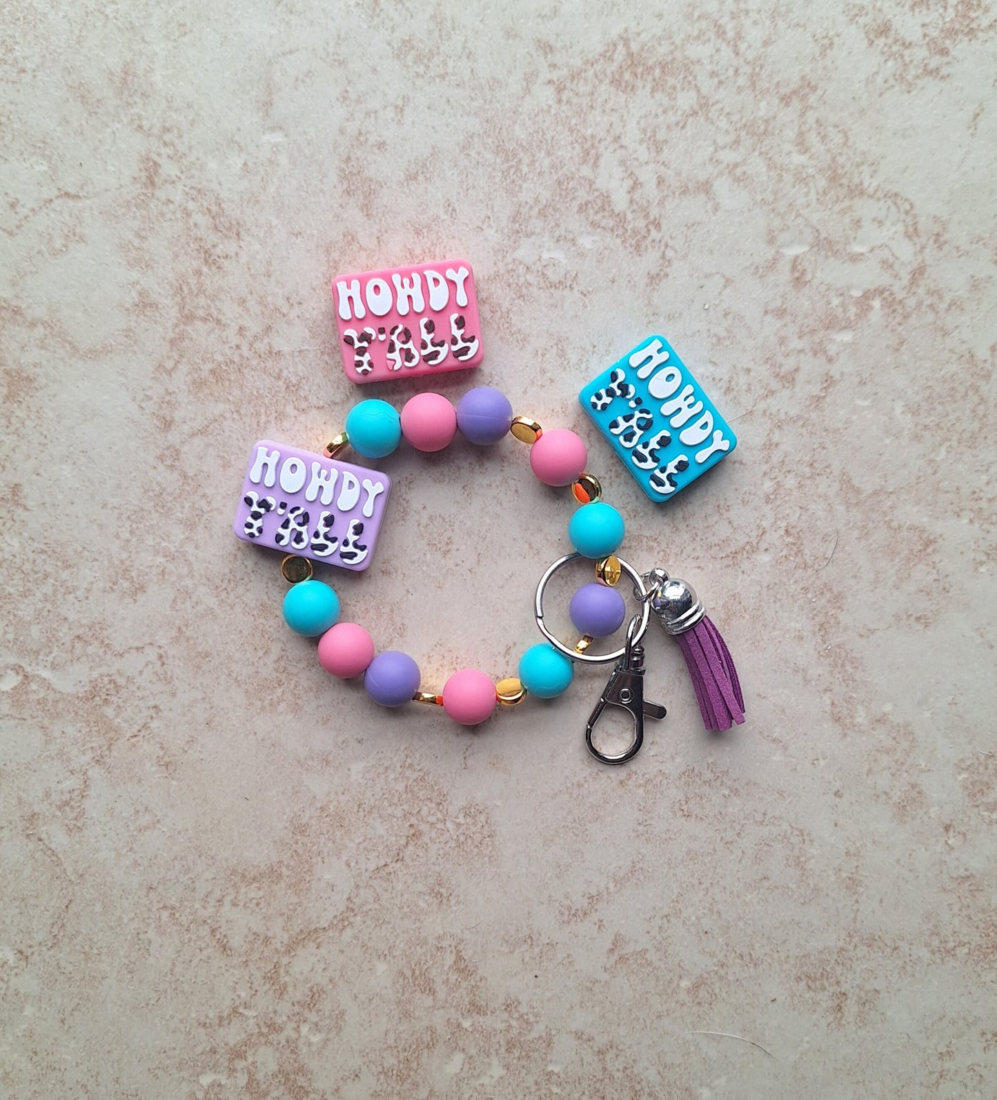 Silicone beaded wristlet keychain / howdy yall silicone beaded wristlet cow keychain / howdy yall cowprint bag accessories key chain gift