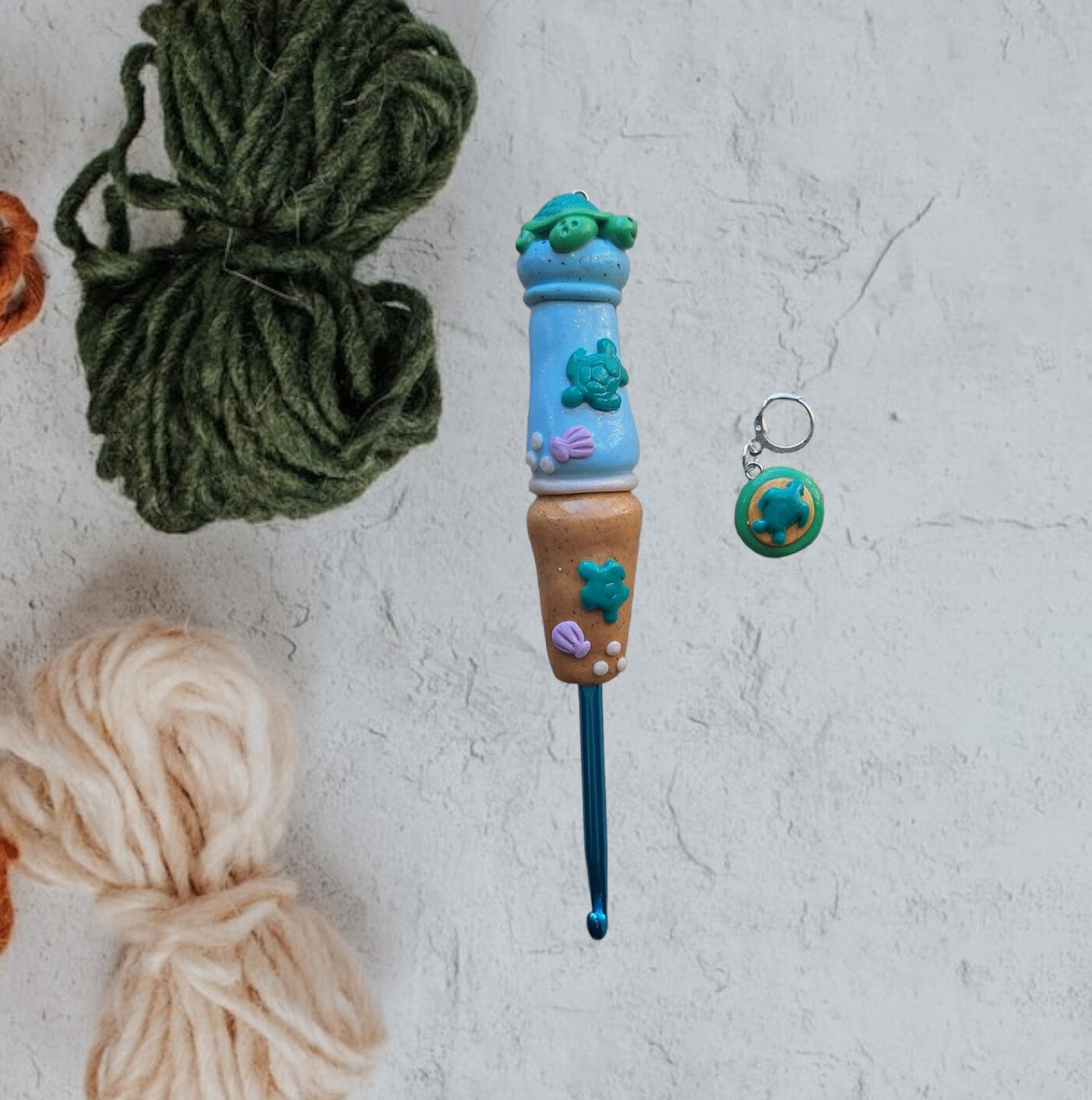Polymer clay Beach sea turtle crochet hook