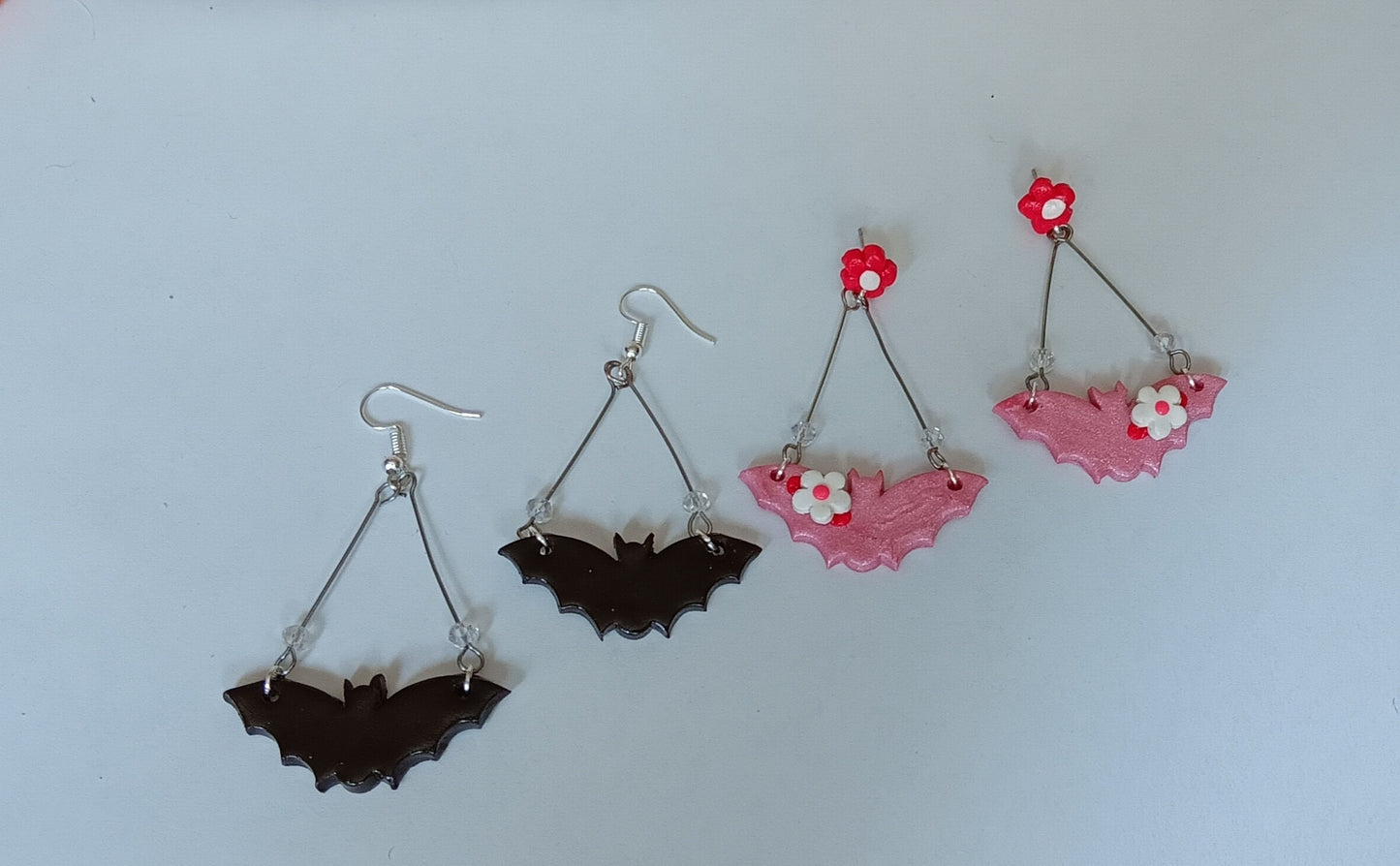 Kawaii halloween pumpkin bat earrings / polymer clay holiday earrings / kawaii pink flower bat jewelry / clay black glitter earrings