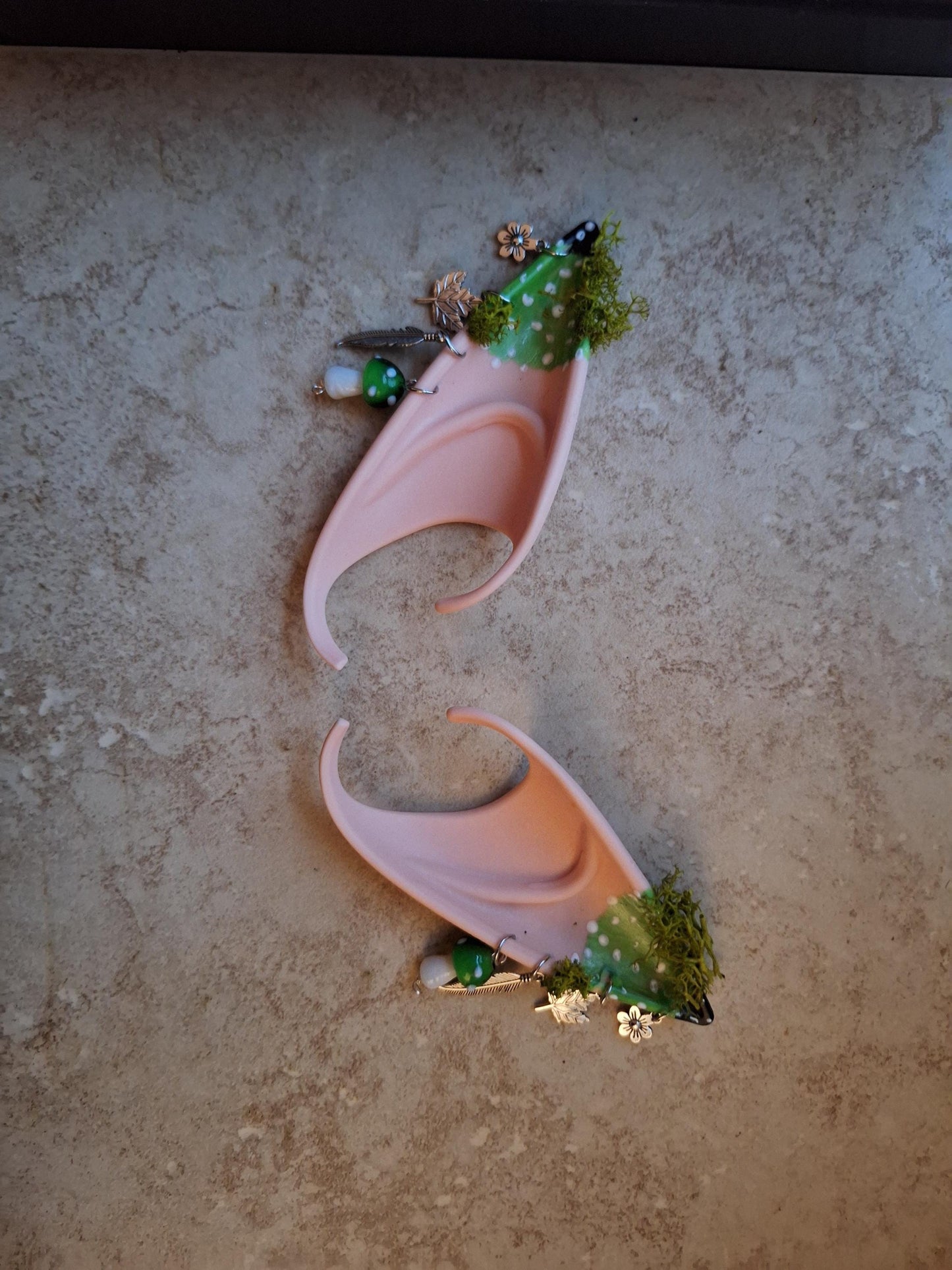 Green mushroom toadstool rubber fairy pixie elf ears / halloween costume accessory cosplay elf ears / painted elf ears with earrings