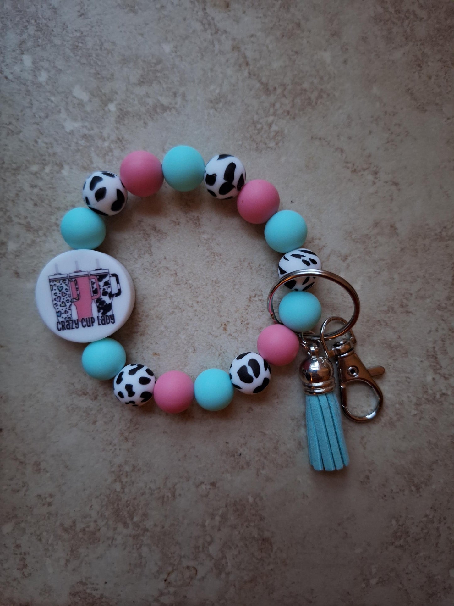 Silicone beaded wristlet keychain / crazy cup lady silicone beaded wristlet keychain / cup tumbler bag accessories key chain