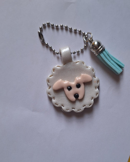 Polymer clay lamb sheep faux leather look stitch style keychain / cute clay sheep bag accessories key chain