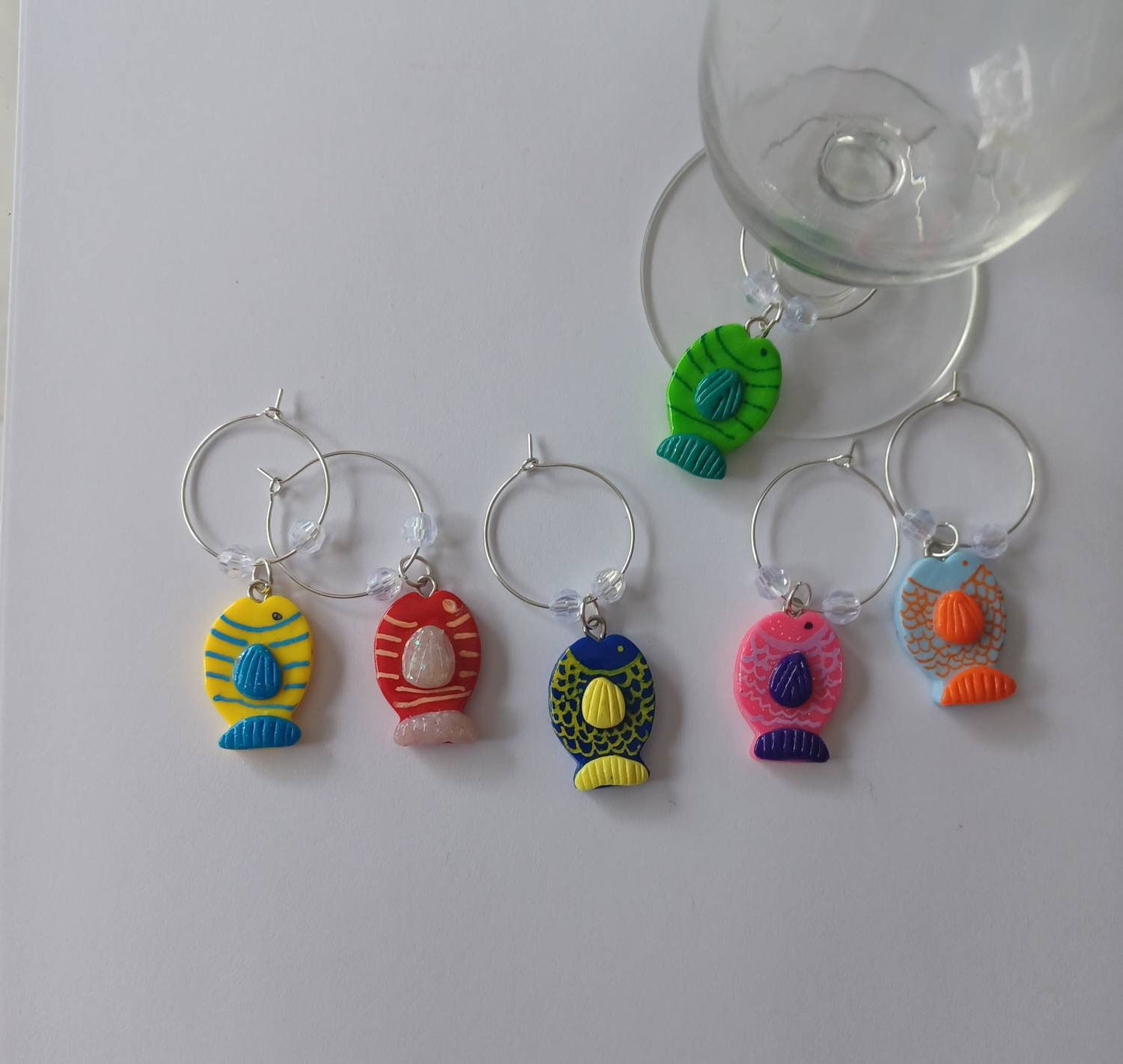 Set of 6 fish wine charms / animal wine charms / tropical fish wine charms / set of 6 polymer clay wine charms