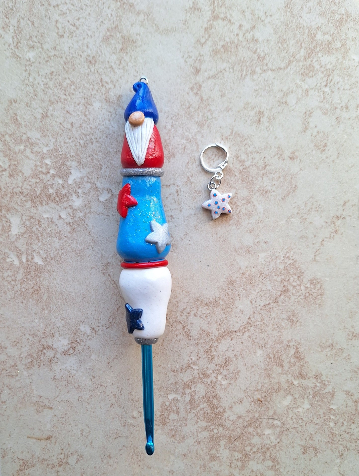 Polymer clay red white blue star gnome 4th of July crochet hook