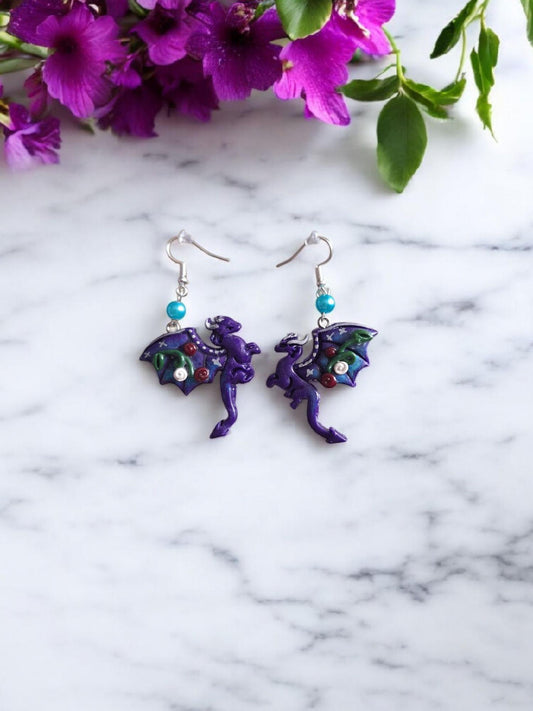 Kawaii clay floral dragon fantasy earrings / polymer rose vine dragon purple earrings jewelry / clay rose fantasy jewelry