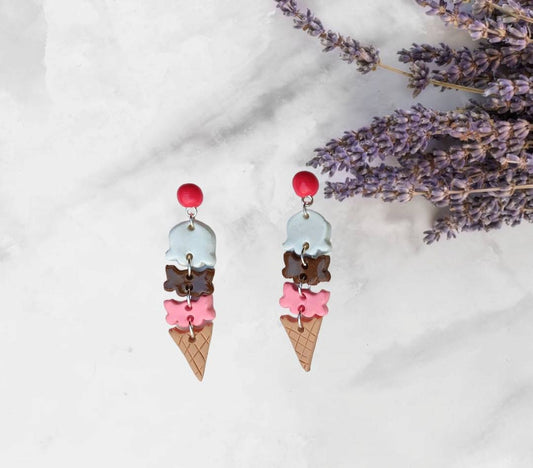 Kawaii ice cream scoop cone earrings / polymer clay ice cream dangle earrings / clay food jewelry / clay neopolitan ice cream earrings