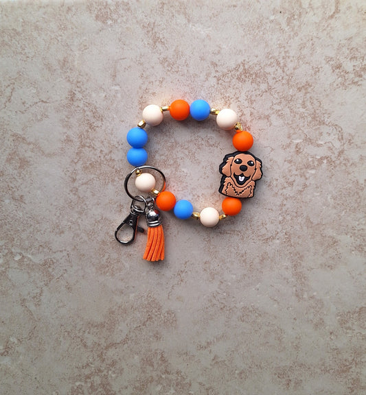 Silicone beaded wristlet keychain / tan brown puppy dog silicone beaded wristlet keychain / golden retriever bag accessory key chain gift