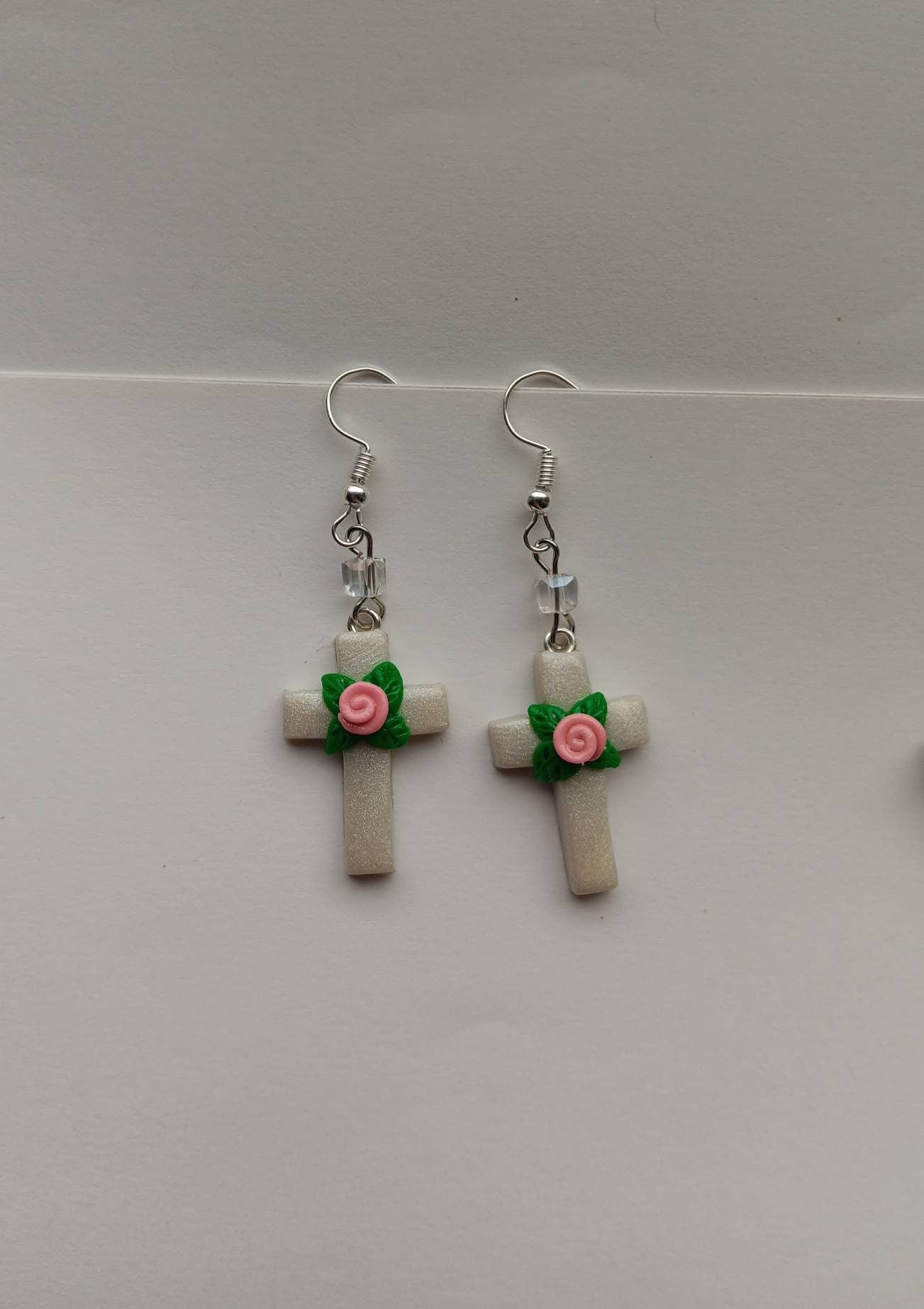 Kawaii floral cross earrings / polymer clay rose cross dangle earrings / clay faith Christian jewelry / floral rose cross earrings
