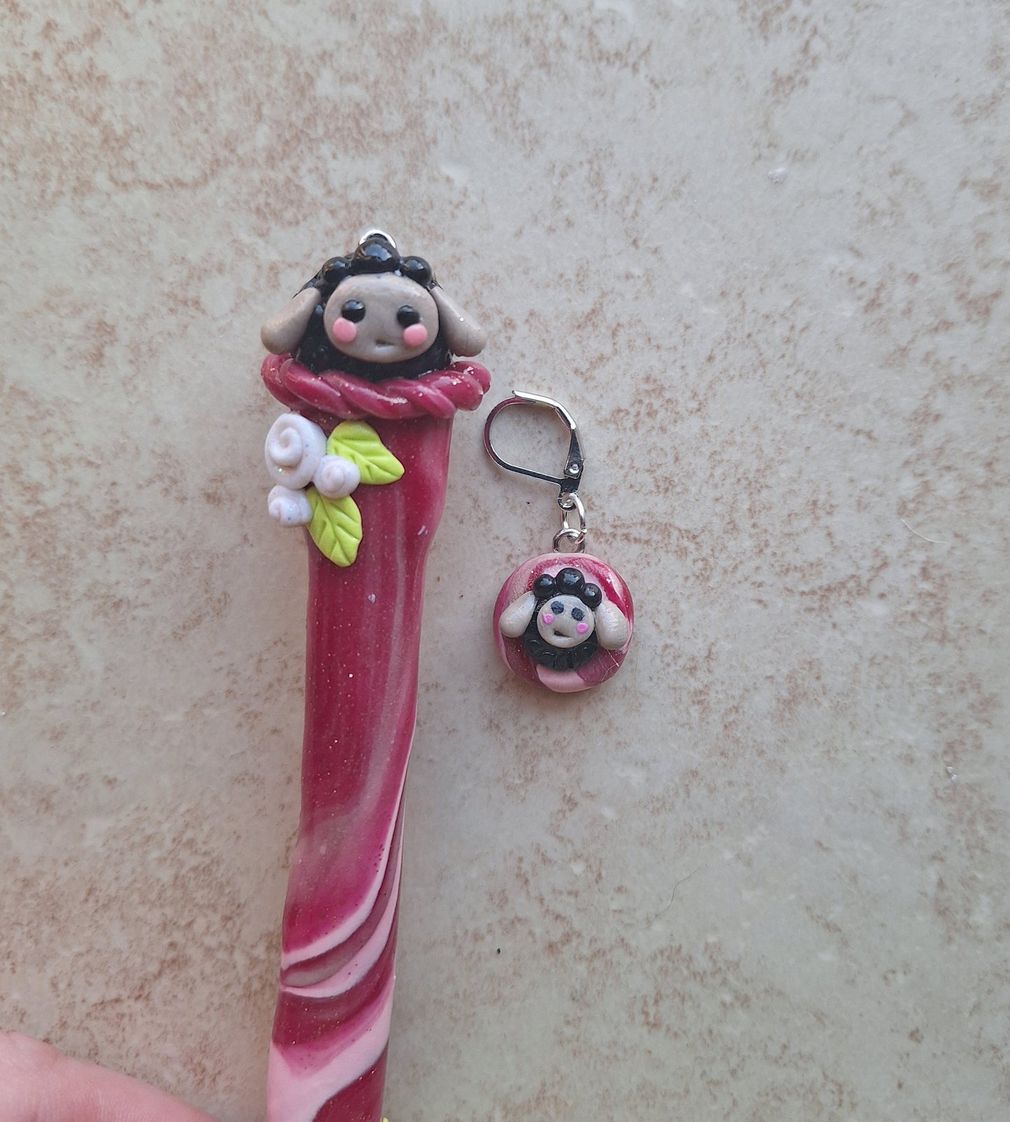 Polymer clay cute black sheep crochet hook with stitch marker