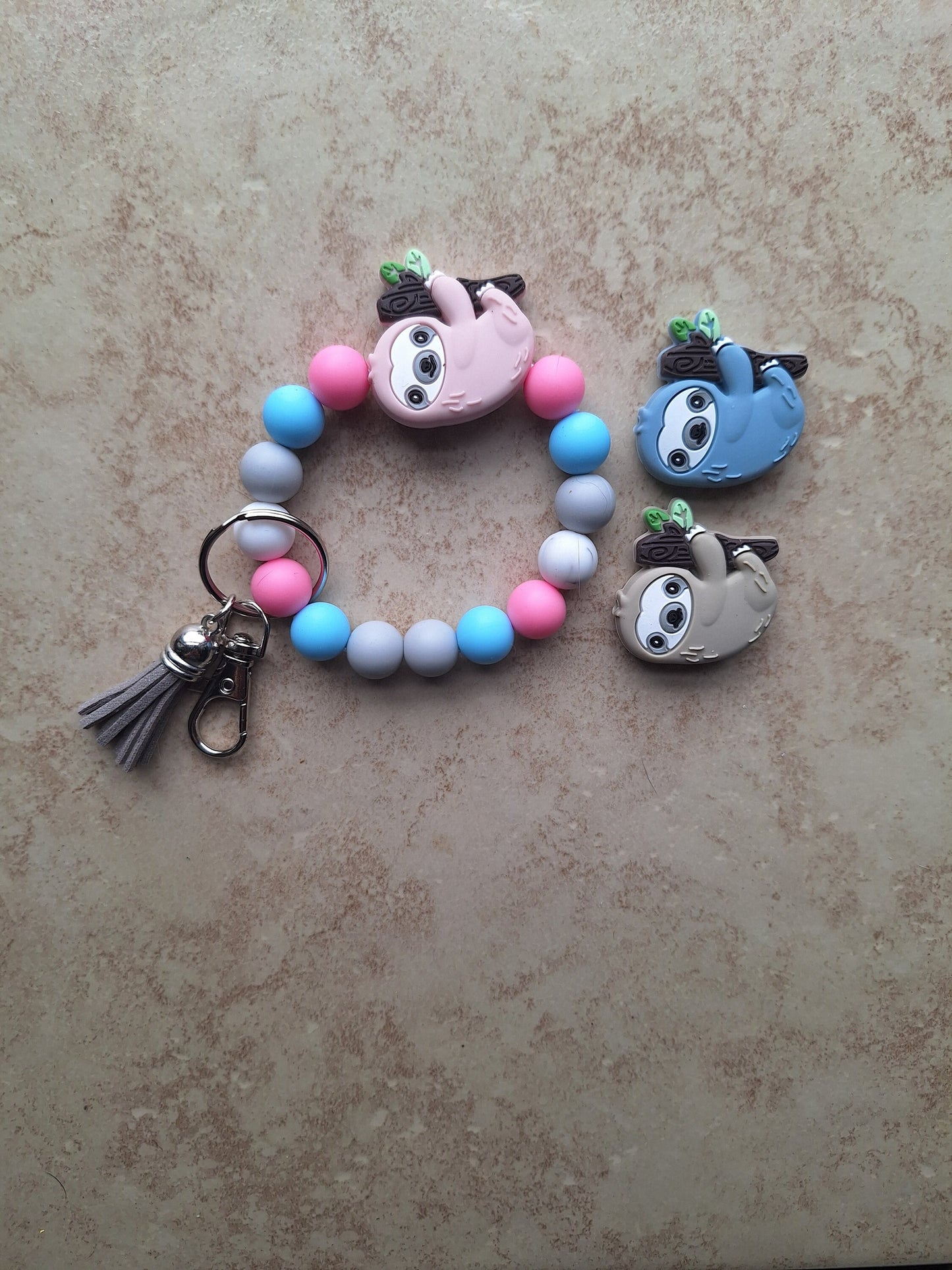 Silicone beaded wristlet keychain / pink blue gray sloth silicone beaded wristlet keychain / sloth on branch bag accessories key chain gift
