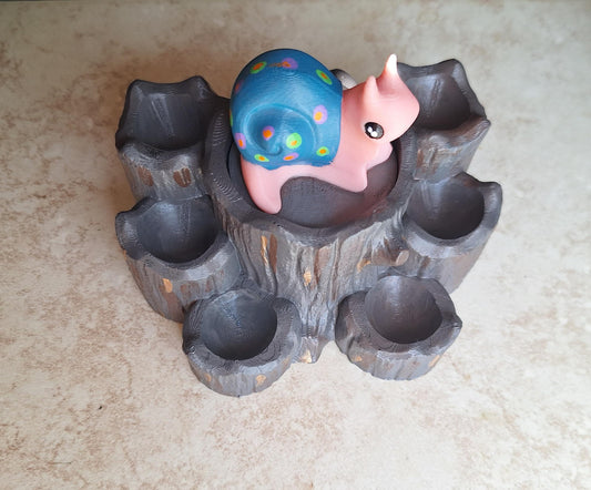3D printed and painted snail on tree stump dice holder trinket organization storage box / snail dice buddy display / 3d print d20 dice tower