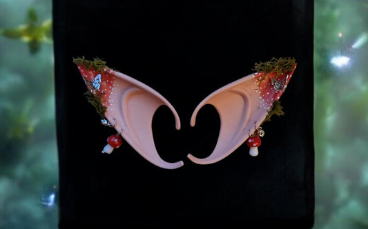 red orange toadstool rubber fairy pixie elf ears / halloween costume accessory cosplay elf ears / painted elf ears with earrings