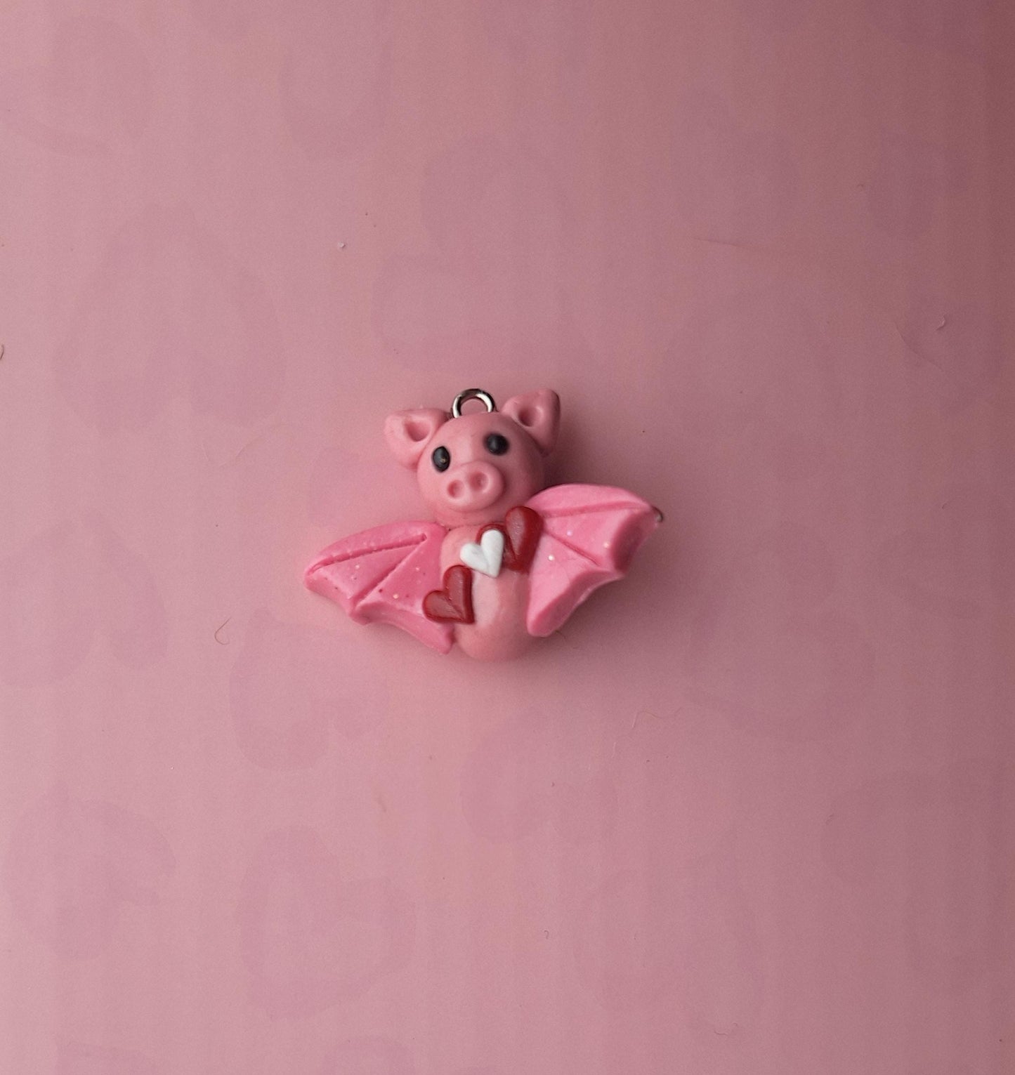 Kawaii clay pink heart bat charm / polymer clay holiday charms / clay charm jewelry / valentine bat charm stitch marker progress keeper