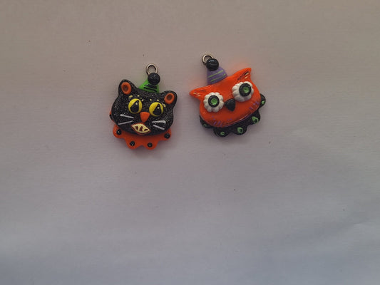 Kawaii spooky cat owl charms / polymer clay halloween charms / retro clay charms / cat owl halloween jewelry charms stitchmarker