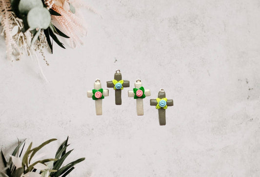 Clay cross with rose charms / polymer clay floral cross charms / Christian jewelry charms / tiny clay cross charms