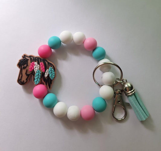 Silicone beaded wristlet / colorful horse with feathers silicone beaded wristlet keychain / country western bag accessories key chain