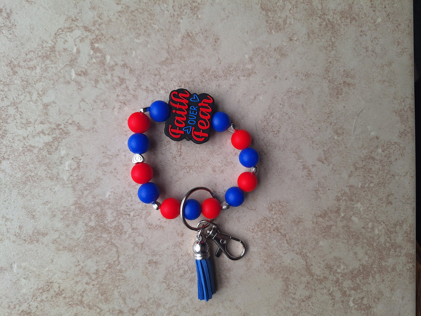 Silicone beaded wristlet keychain / faith over fear silicone beaded wristlet keychain / religious faith bag accessories key chain red blue