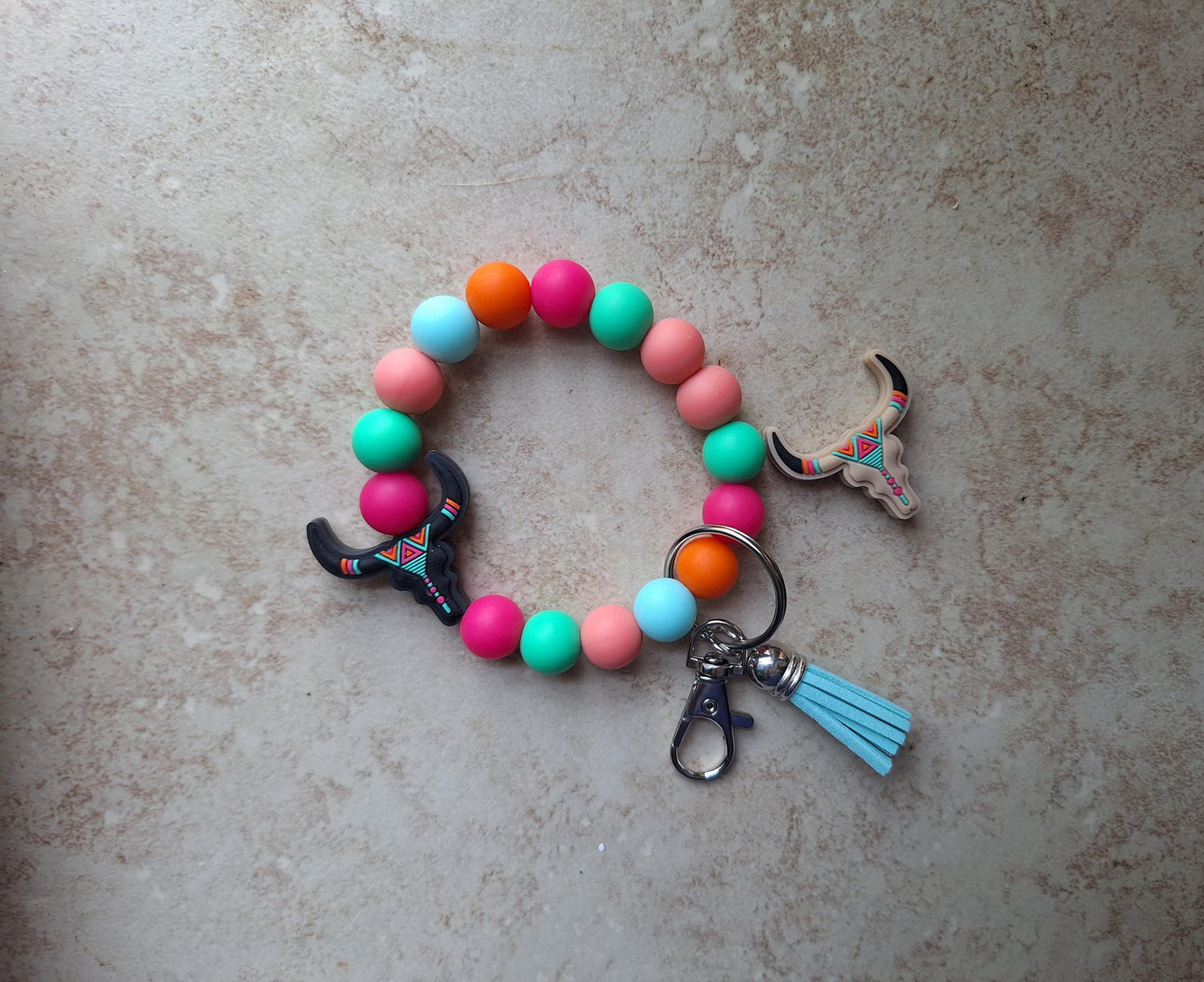 Silicone beaded wristlet keychain / colorful Aztec skull silicone beaded wristlet keychain / teal pink western bag accessory key chain gift