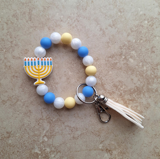 Silicone beaded wristlet keychain / jewish hannukah beaded wristlet religious keychain / menorah scene bag accessories key chain gift