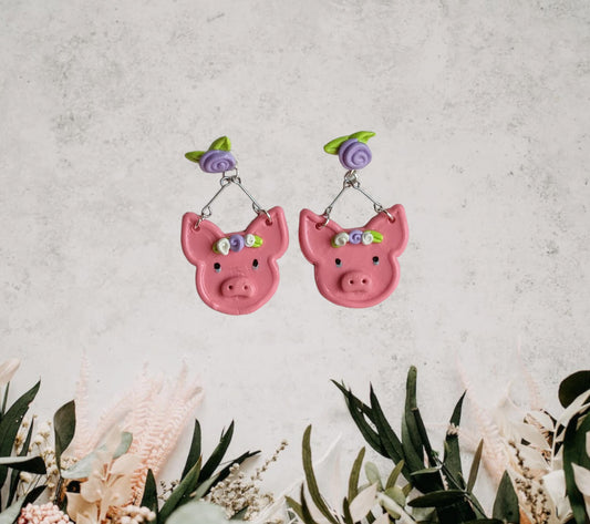 Kawaii floral pig earrings / polymer clay pink pig earrings / kawaii animal jewelry / floral earrings / lavender rose earrings