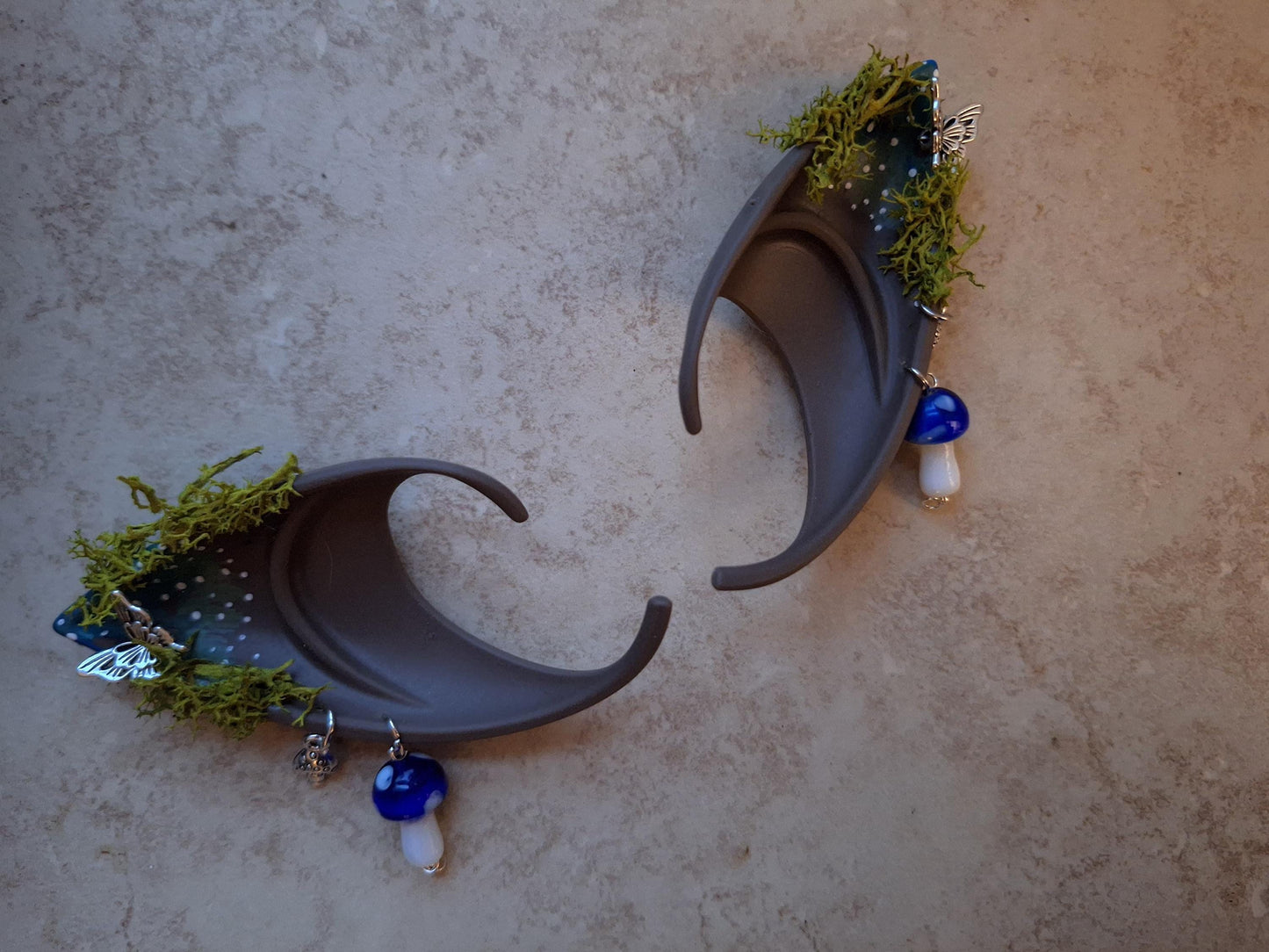 Blue mushroom toadstool rubber fairy pixie elf ears / halloween costume accessory cosplay elf ears / painted elf ears with earrings