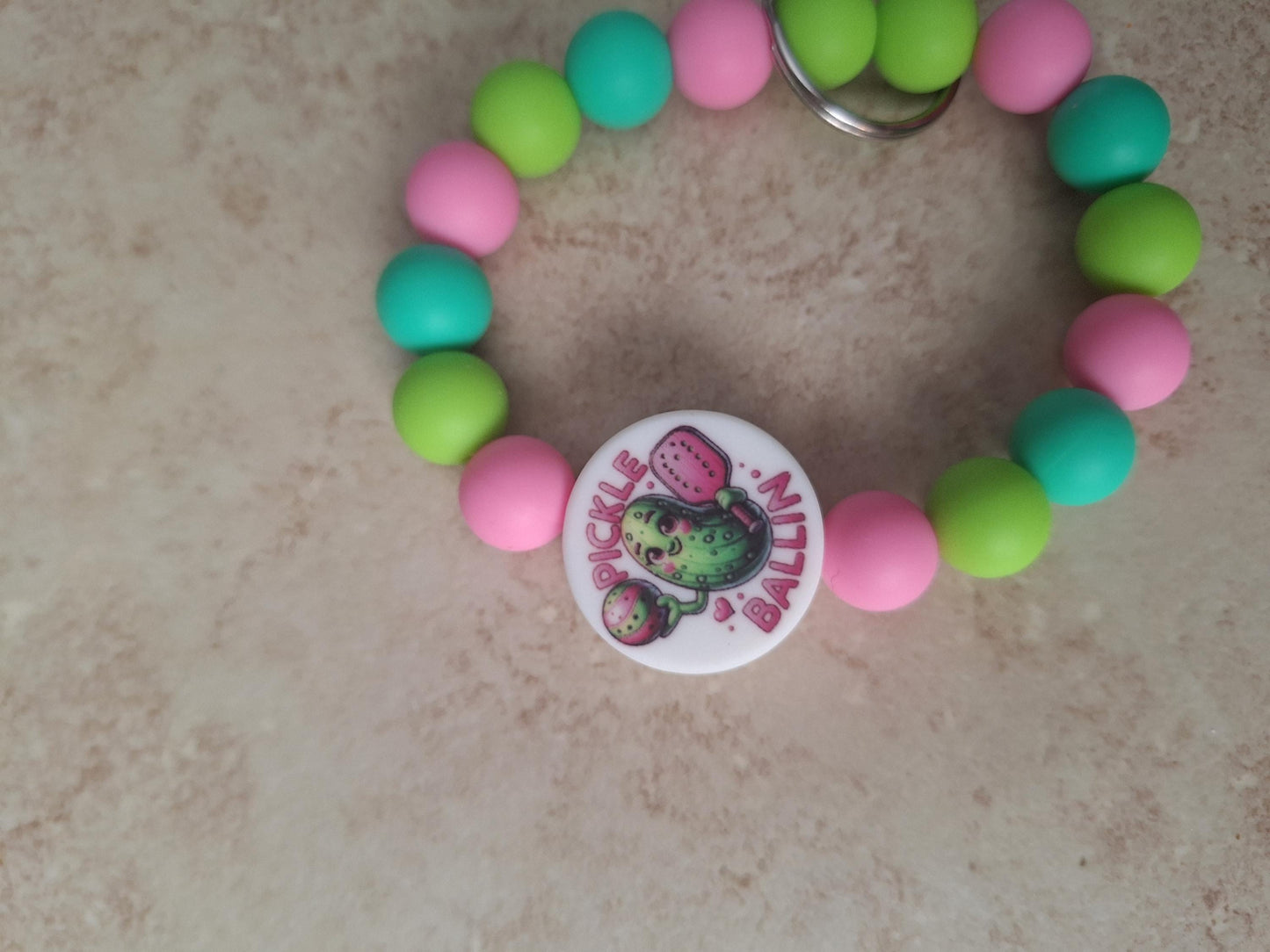 Silicone beaded wristlet keychain pickle ballin / pickle ball silicone beaded wristlet keychain / pickleball bag accessories key chain gift
