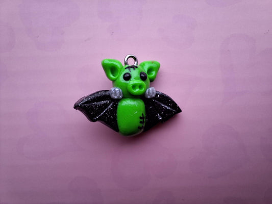 Kawaii green frankenstein bat charm / polymer clay halloween charms / clay charm jewelry / bat charm stitch marker progress keeper