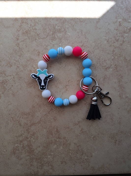 Silicone beaded wristlet keychain / cow with bow red teal silicone beaded wristlet keychain / bows and cows bag accessory key chain gift