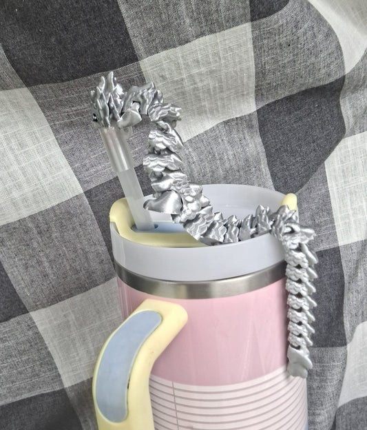 3D articulated metallic silver kaida dragon straw cap / 3d printed dragon animals / silver dragon straw topper cover Fidget figurines