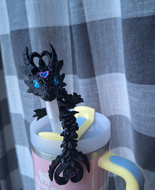 3D articulated black blue dark heart dragon straw cap / 3d printed dragon animals / darkheart dragon straw topper cover Fidget figurines