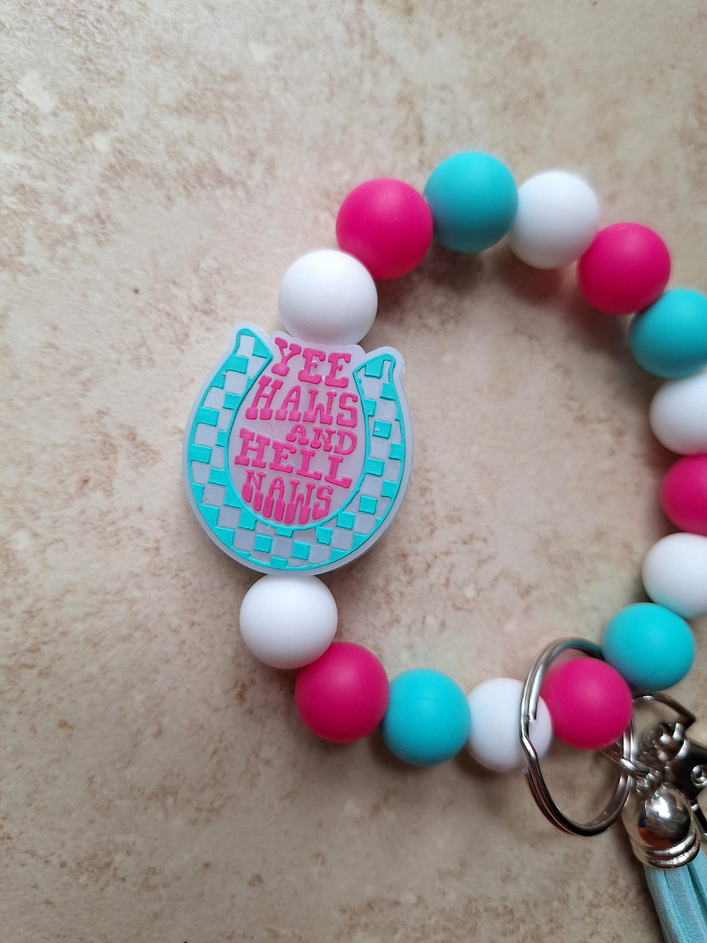 Silicone beaded wristlet / colorful horseshoe yeehaw hell naw silicone beaded wristlet keychain / country western bag accessories key chain