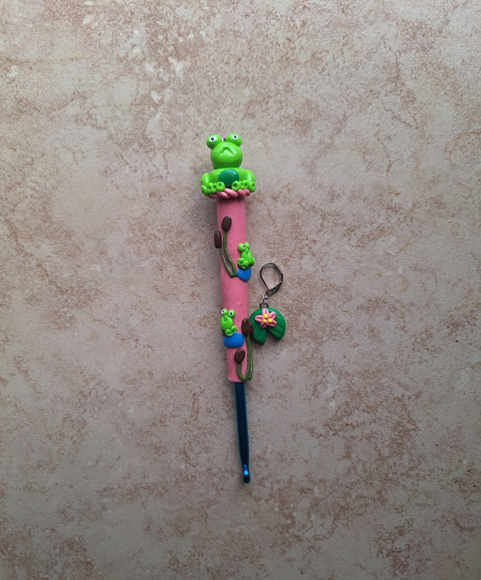 Polymer clay frog pond crochet hook with stitch marker