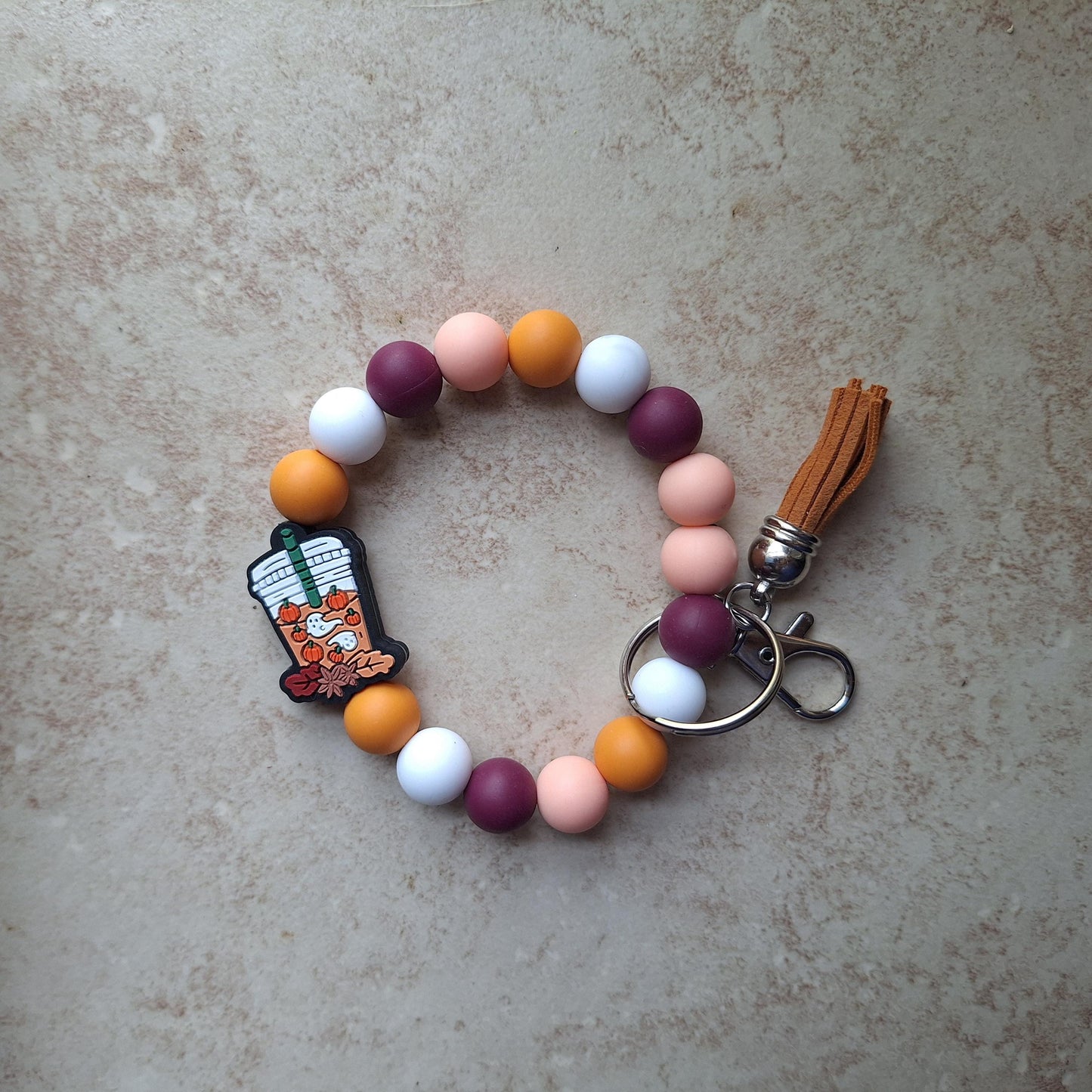Silicone beaded wristlet keychain / fall pumpkin spice beaded coffee wristlet keychain / halloween boba ghost bag accessories key chain gift